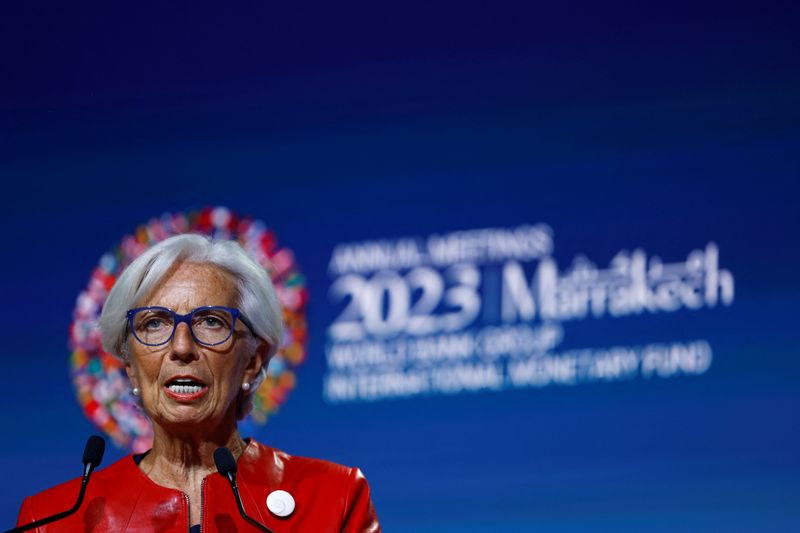 &copy; Reuters. FILE PHOTO: European Central Bank President Christine Lagarde speaks during a banking seminar at the annual meeting of the International Monetary Fund and the World Bank, following last month's deadly earthquake, in Marrakech, Morocco, October 14, 2023. R
