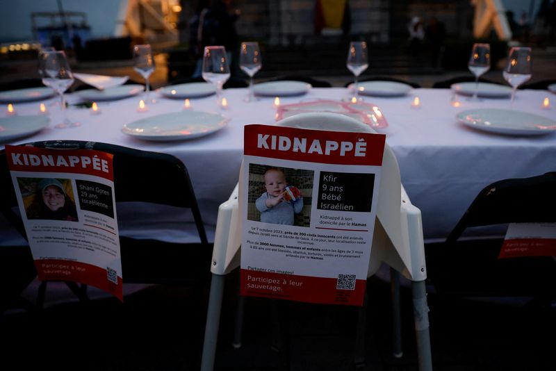&copy; Reuters. Mesa de jantar posta com cadeiras vazias representando reféns e pessoas desaparecidas após o ataque do Hamas a Israel, em Bruxelas, Bélgica
25/10/2023
REUTERS/Johanna Geron