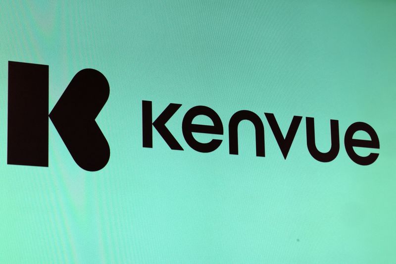 © Reuters. FILE PHOTO: The company logo for Kenvue Inc. Johnson & Johnson's consumer-health business, is displayed on a screen during the company's IPO at the New York Stock Exchange (NYSE) in New York City, U.S., May 4, 2023.  REUTERS/Brendan McDermid/File Photo