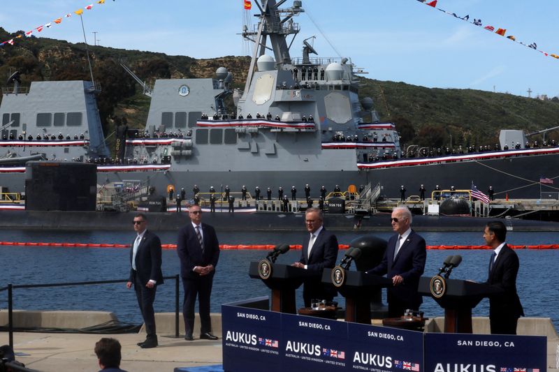 &copy; Reuters. FILE PHOTO: U.S. President Joe Biden, Australian Prime Minister Anthony Albanese and British Prime Minister Rishi Sunak deliver remarks on the Australia - United Kingdom - U.S. (AUKUS) partnership, after a trilateral meeting, at Naval Base Point Loma in S