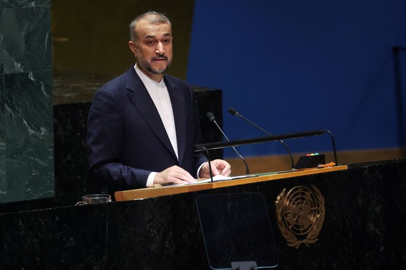 &copy; Reuters. Iranian Foreign Minister Hossein Amirabdollahian speaks to an emergency special session of the United Nations General Assembly on the ongoing conflict between Israel and Hamas at U.N. headquarters in New York City, U.S., October 26, 2023. REUTERS/Mike Seg