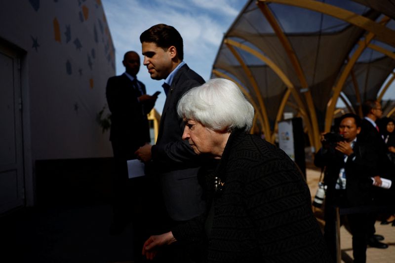 &copy; Reuters. U.S. Secretary of Treasury Janet Yellen arrives for a G20 finance leaders' meeting on the fifth day of the annual meeting of the International Monetary Fund and the World Bank, following last month's deadly earthquake, in Marrakech, Morocco, October 13, 2