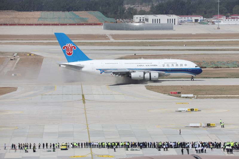 &copy; Reuters. FILE PHOTO: An Airbus A380-800 aircraft from China Southern Airlines lands at the Beijing Daxing International Airport that is under construction, during a test flight in Beijing, China May 13, 2019.   REUTERS/Stringer/File Photo