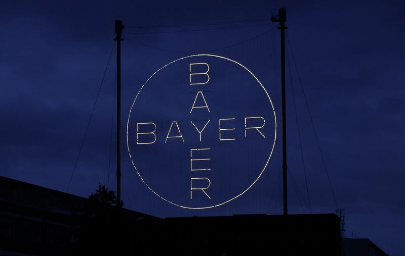 &copy; Reuters. FILE PHOTO: The 120 metres high Bayer Cross, logo of German pharmaceutical and chemical maker Bayer AG, consisting of 1710 LED glass bulbs is seen outside the industrial park "Chempark" of the chemical industry in Leverkusen, Germany, September 23, 2023. 