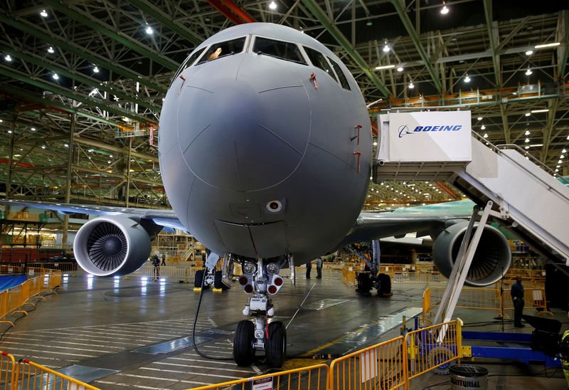 © Reuters. FILE PHOTO: The Boeing KC-46 Pegasus aerial refueling tanker is seen before a delivery celebration to the U.S. Air Force in Everett, Washington, U.S., January 24, 2019.  REUTERS/Lindsey Wasson/File Photo