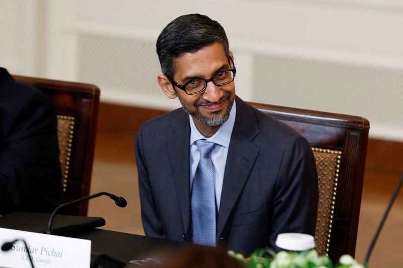 &copy; Reuters. FILE PHOTO: Sundar Pichai, CEO of Google, reacts during a meeting with U.S. President Joe Biden, India's Prime Minister Narendra Modi and senior officials and CEOs of American and Indian companies in the East Room of the White House in Washington, U.S., J