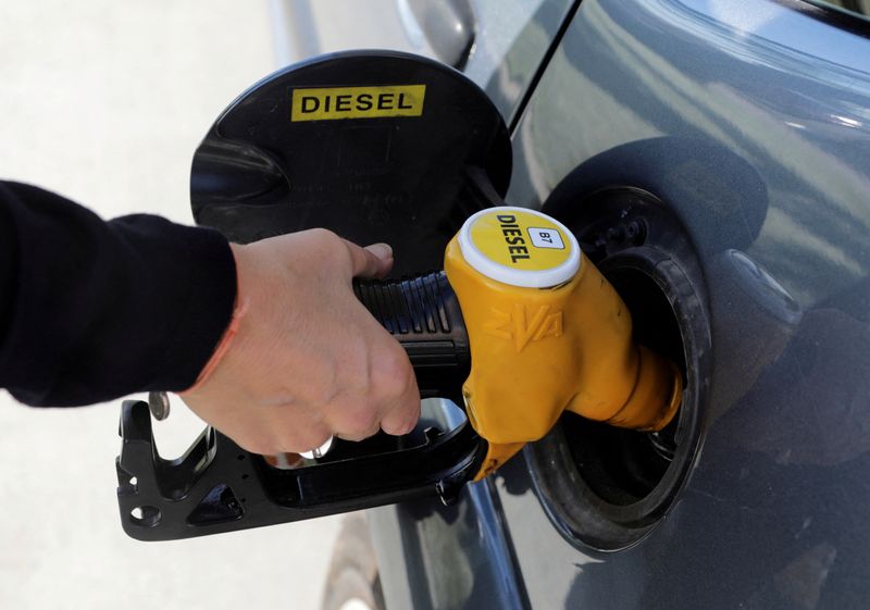 &copy; Reuters. FILE PHOTO: A diesel fuel nozzle with new European labels to standardise gasoline pumps in the EU zone is seen at a petrol station in Nice, France, October 12, 2018. REUTERS/Eric Gaillard/File Photo