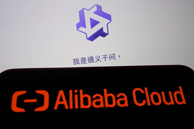 &copy; Reuters. FILE PHOTO: The Alibaba Cloud logo is displayed near a screen showing the website of its Tongyi Qianwen AI chatbot, in this illustration picture taken June 28, 2023. REUTERS/Florence Lo/Illustration/File Photo