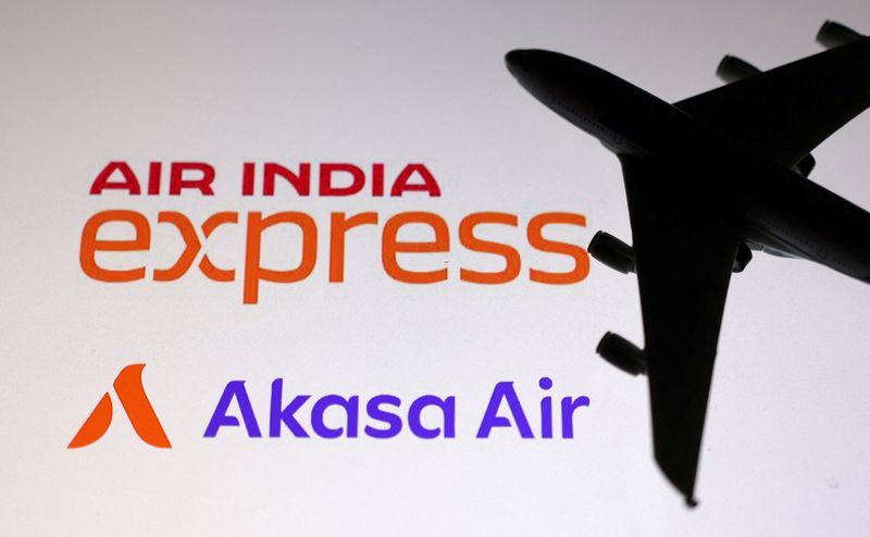 &copy; Reuters. A miniature airplane is placed on the displayed Air India Express and Akasa Air logos, in this illustration taken October 30, 2023. REUTERS/Dado Ruvic/Illustration