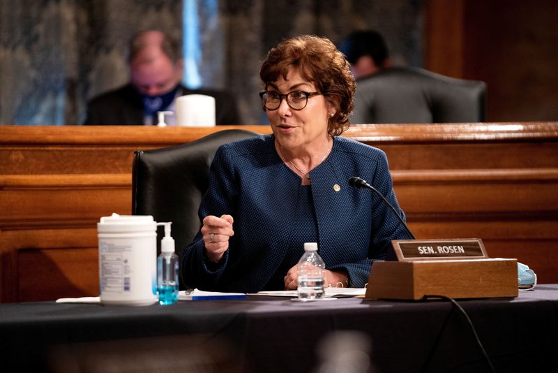 &copy; Reuters. FILE PHOTO: U.S. Senator Jacky Rosen (D-NV) speaks during a Senate Homeland Security and Governmental Affairs hearing to discuss security threats 20 years after the 9/11 attacks, in Washington, D.C., U.S. September 21, 2021. Greg Nash/Pool via REUTERS/Fil