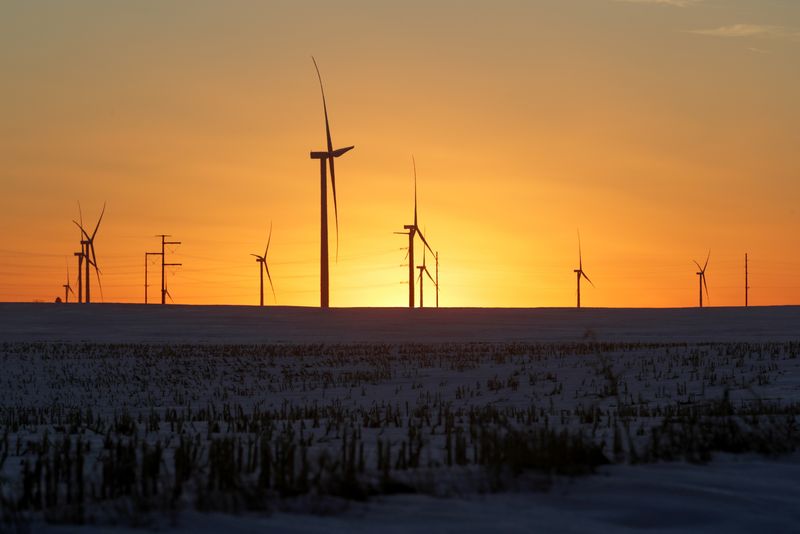 &copy; Reuters. FILE PHOTO: A wind farm shares space with corn fields the day before the Iowa caucuses, where agriculture and clean energy are key issues, in Latimer, Iowa, U.S. February 2, 2020. REUTERS/Jonathan Ernst/File Photo