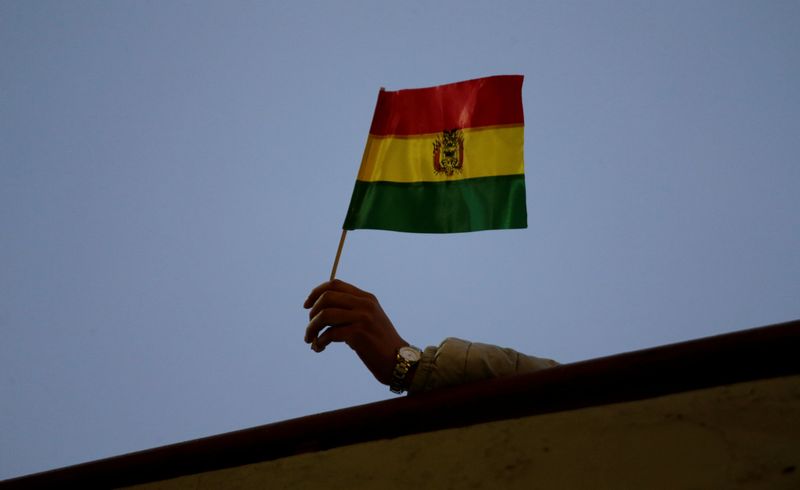 &copy; Reuters. شخص يرفع علم بوليفيا خلال مسيرة في لاباز. صورة من أرشيف رويترز.