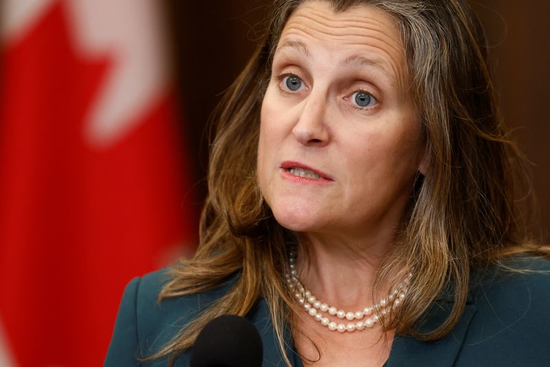 &copy; Reuters. Canada's Deputy Prime Minister and Minister of Finance Chrystia Freeland speaks to journalists on Parliament Hill in Ottawa, Ontario, Canada September 19, 2023. REUTERS/Blair Gable