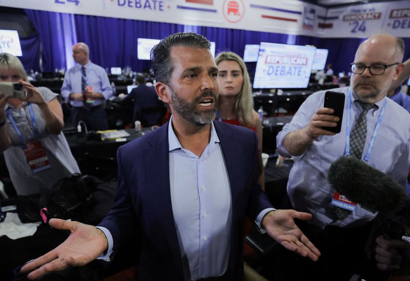 &copy; Reuters. Donald Trump Jr. speaks to the media in the media filing center as a surrogate on behalf of his father, former U.S. President Donald Trump, after the former president skipped the first Republican candidates' debate of the 2024 U.S. presidential campaign i