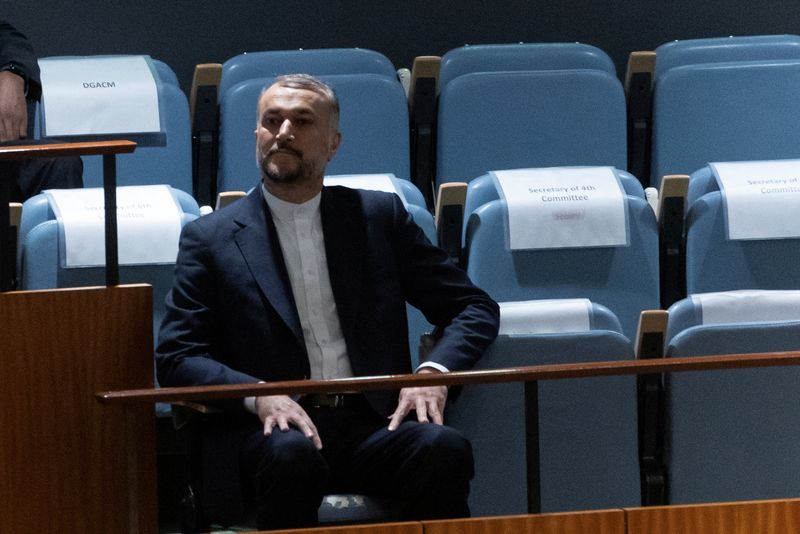 &copy; Reuters. Iranian Foreign Minister Hossein Amirabdollahian waits to speak at an emergency special session of the United Nations General Assembly on the ongoing conflict between Israel and Hamas at U.N. headquarters in New York City, U.S., October 26, 2023. REUTERS/
