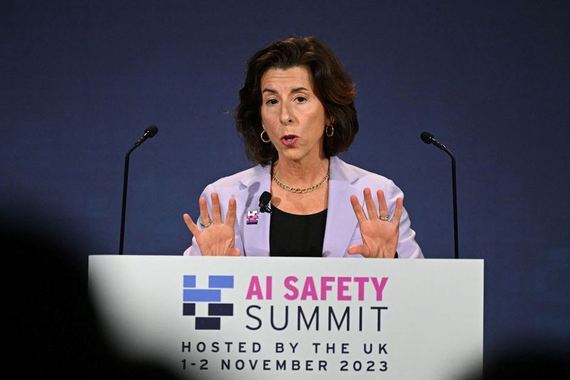 © Reuters. U.S. Commerce Secretary Gina Raimondo speaks on Day 1 of the AI Safety Summit at Bletchley Park in Bletchley, Britain on November 1, 2023. The UK Government are hosting the AI Safety Summit bringing together international governments, leading AI companies, civil society groups and experts in research to consider the risks of AI, especially at the frontier of development, and discuss how they can be mitigated through internationally coordinated action.     Leon Neal/Pool via REUTERS
