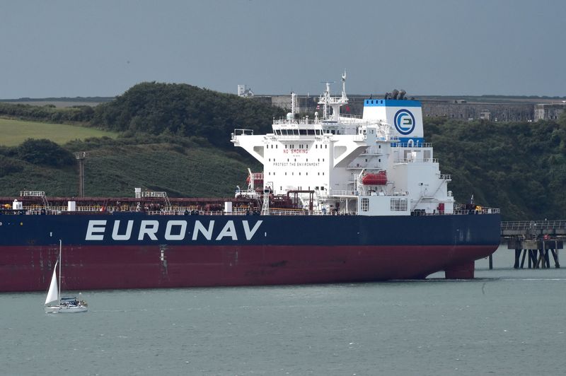 &copy; Reuters. FILE PHOTO: The "Cap Pembroke"  a VLCC (very large crude carrier), owned by Euronav, is berthed at the Valero oil terminal at Pembroke in the Port of Milford Haven in Pembrokeshire, Wales, July 28, 2018. . REUTERS/Rebecca Naden/File Photo