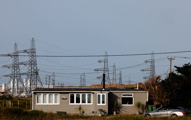 &copy; Reuters. FILE PHOTO: Electricity pylons connected to the Dungeness B power station are seen behind a local house in Dungeness, Britain, October 8, 2023. REUTERS/Carlos Jasso/File Photo