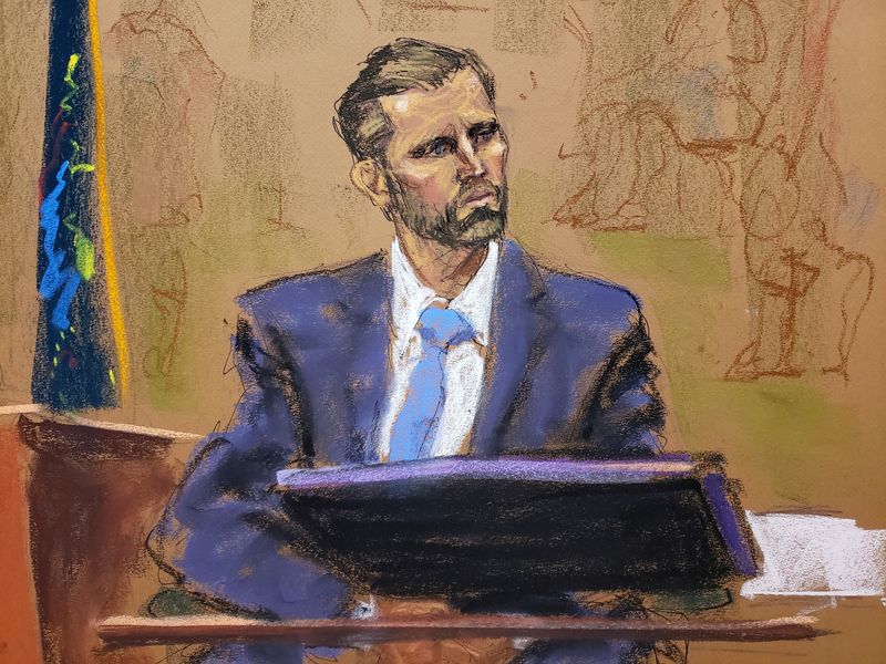 &copy; Reuters. Former U.S. President Donald Trump's son and co-defendant, Eric Trump, testifies during the Trump Organization civil fraud trial in New York State Supreme Court in the Manhattan borough of New York City, U.S., November 2, 2023 in this courtroom sketch. RE