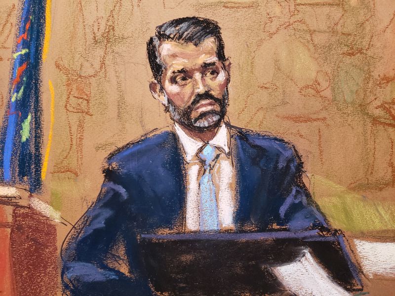© Reuters. Donald Trump Jr is questioned by Colleen Faherty (not seen), a lawyer for the attorney general's office, during the Trump Organization civil fraud trial before Judge Arthur Engoron in New York State Supreme Court in the Manhattan borough of New York City, U.S., November 2, 2023 in this courtroom sketch. REUTERS/Jane Rosenberg