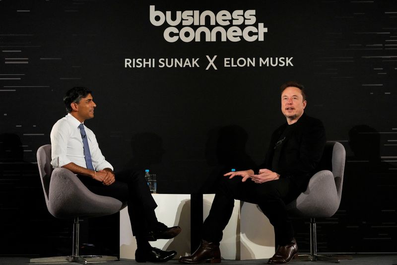 &copy; Reuters. Britain's Prime Minister Rishi Sunak attends an in-conversation event with Tesla and SpaceX's CEO Elon Musk in London, Britain, Thursday, Nov. 2, 2023. Kirsty Wigglesworth/Pool via REUTERS