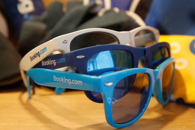 &copy; Reuters. Sunglasses with the logo of Booking.com are seen at the new Booking.com customers site in Tourcoing, France, October 4, 2019. REUTERS/Pascal Rossignol/File Photo