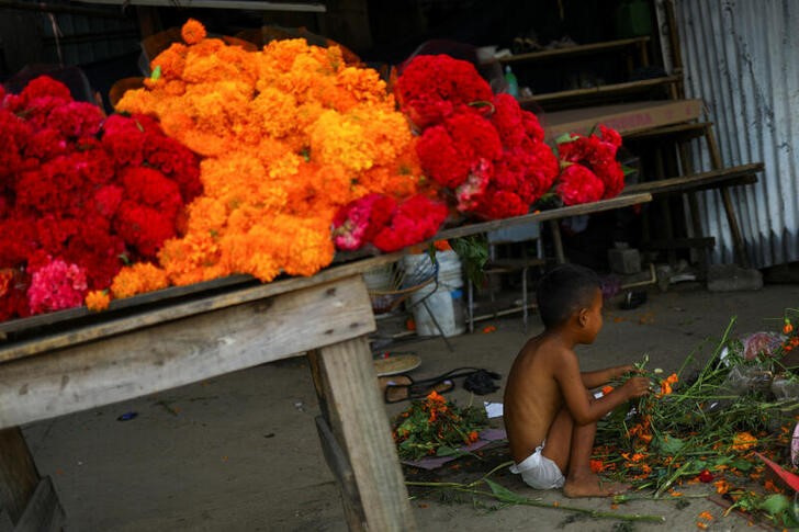 &copy; Reuters. Teo, un niño de cuatro años, se sienta junto a ramos de flores de cempasúchil, en la jornada de conmemoración del Día de Muertos en la ciudad mexicana de Acapulco, devastada por el huracán Otis. November 1, 2023. Reuters/Jose Luis Gonzalez