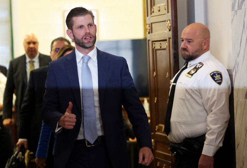 &copy; Reuters. Former U.S. President Donald Trump's son and co-defendant, Eric Trump gestures as he leaves the courtroom after attending the Trump Organization civil fraud trial, in New York State Supreme Court in the Manhattan borough of New York City, U.S., November 2