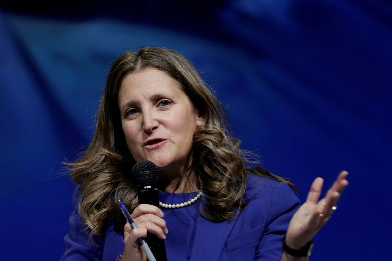 &copy; Reuters. FILE PHOTO: Canada's Deputy Prime Minister and Minister of Finance Chrystia Freeland speaks during a panel on the fourth day of the annual meeting of the IMF and the World Bank, following last month's deadly earthquake, in Marrakech, Morocco, October 12, 