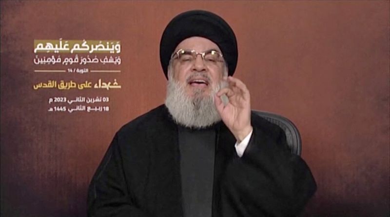 &copy; Reuters. حسن نصر الله الأمين العام لجماعة حزب الله اللبنانية يتحدث يوم الجمعة في مكان غير معلوم في لبنان في أول كلمة يلقيها منذ اندلاع الحرب بين إسرا