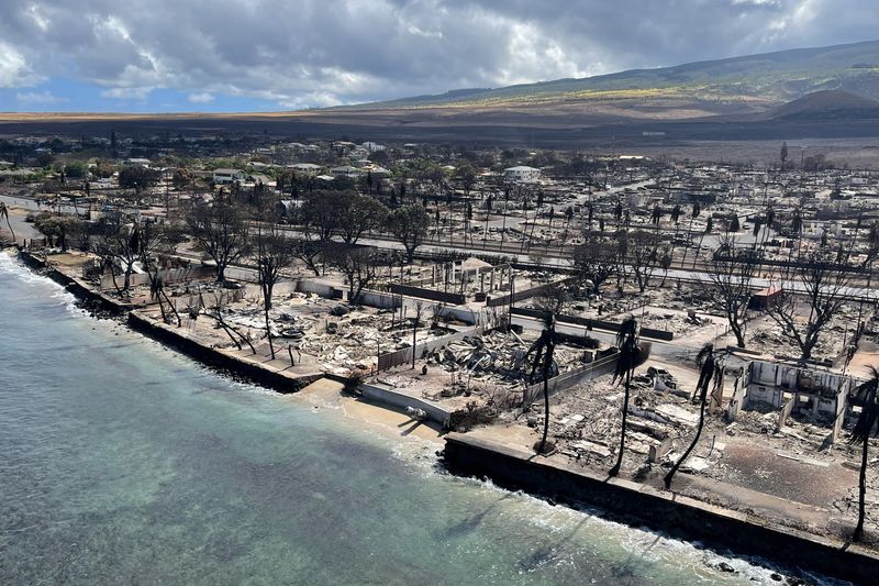 &copy; Reuters. FILE PHOTO: The shells of burned houses and buildings are left after wildfires driven by high winds burned across most of the town in Lahaina, Maui, Hawaii, U.S. August 11, 2023. Hawai'i Department of Land and Natural Resources/Handout via REUTERS  