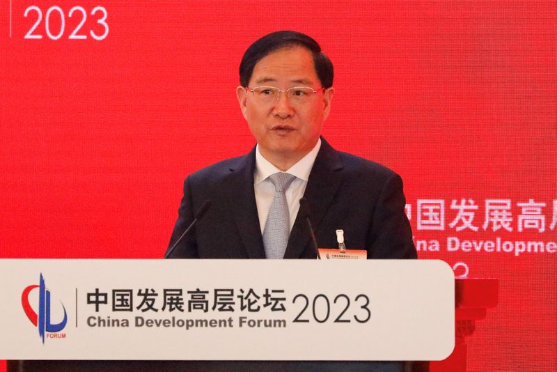 &copy; Reuters. China's Industry and Information Technology Minister Jin Zhuanglong speaks at the China Development Forum 2023, in Beijing, China, March 27, 2023. REUTERS/Jing Xu/File Photo