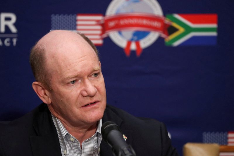 &copy; Reuters. FILE PHOTO: U.S. Senator Chris Coons speaks to the media in Johannesburg, South Africa, February 23, 2023. REUTERS/Sumaya Hisham/File Photo