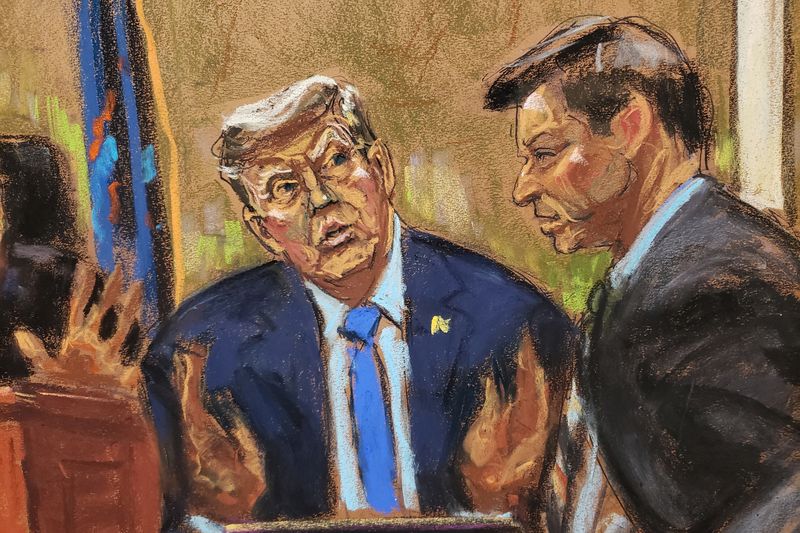 © Reuters. Former U.S. President Donald Trump is questioned by Kevin Wallace of the New York Attorney General's Office, during the Trump Organization civil fraud trial in New York State Supreme Court in the Manhattan borough of New York City, U.S., November 6, 2023 in this courtroom sketch. REUTERS/Jane Rosenberg