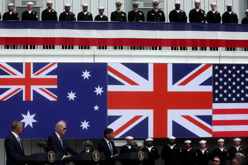 &copy; Reuters. U.S. President Joe Biden, Australian Prime Minister Anthony Albanese and British Prime Minister Rishi Sunak deliver remarks on the Australia - United Kingdom - U.S. (AUKUS) partnership, after a trilateral meeting, at Naval Base Point Loma in San Diego, Ca