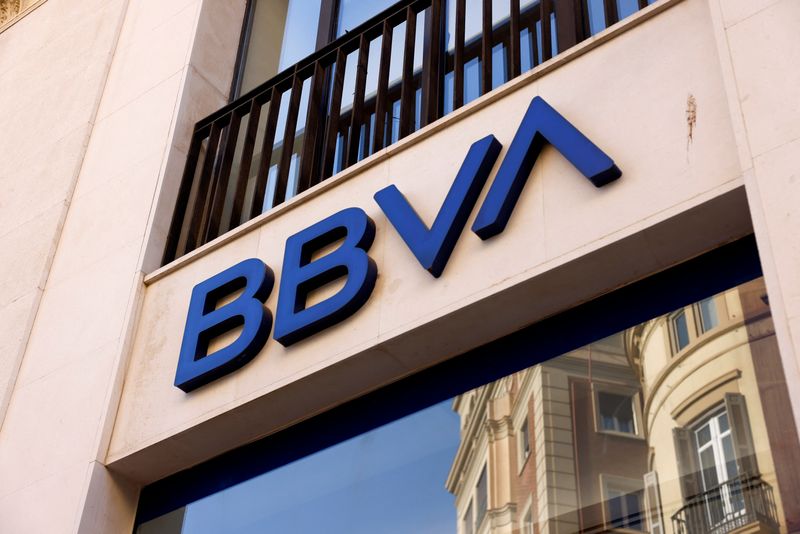 &copy; Reuters. The logo of BBVA bank is seen on the facade of a BBVA bank branch office in Malaga, Spain October 27, 2022. REUTERS/Jon Nazca/File Photo
