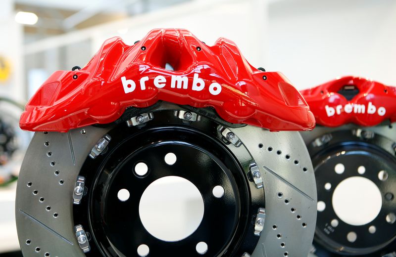 &copy; Reuters. Brembo brake disc systems are seen at the showroom in the factory in Curno, Italy June 19, 2017. Picture taken June 19, 2017.     REUTERS/Alessandro Garofalo/File Photo