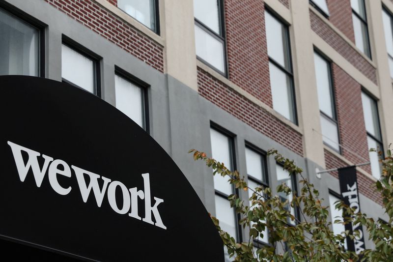 © Reuters. A WeWork logo is seen outside its offices in the Queens borough of New York City, U.S., November 7, 2023. REUTERS/Shannon Stapleton