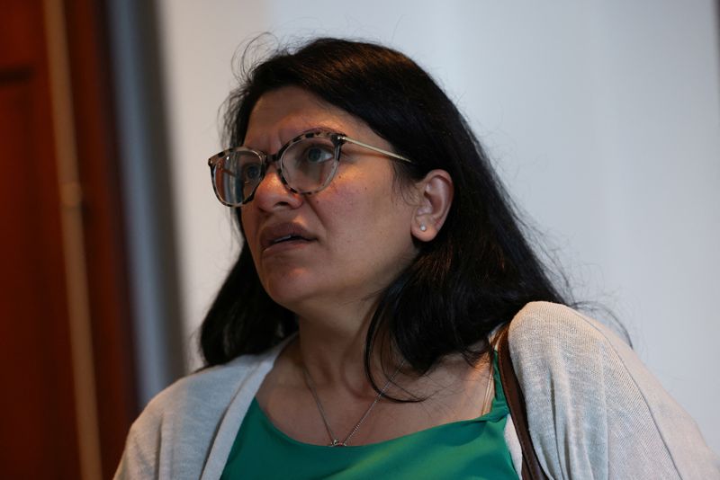 &copy; Reuters. Representative Rashida Tlaib (D-MI) on Capitol Hill following a House Democratic Caucus meeting ahead of an expected vote in the U.S. House of Representatives on a bill raising the federal government's $31.4 trillion debt ceiling, in Washington, U.S., May