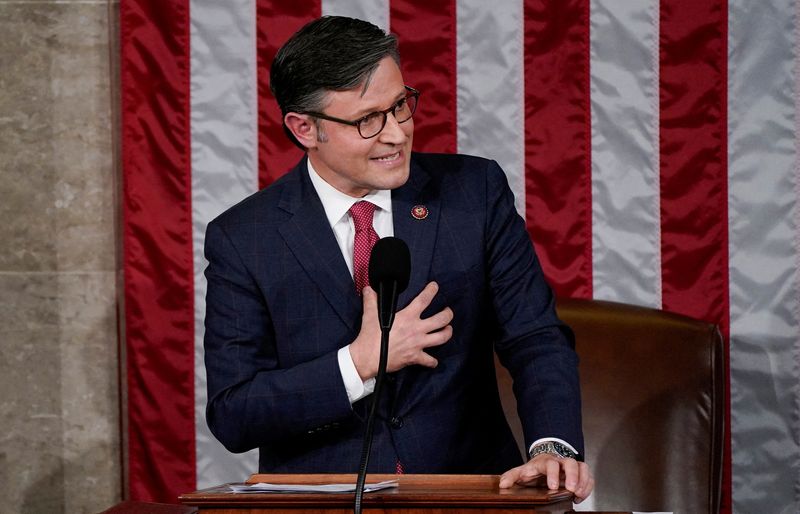 &copy; Reuters. FILE PHOTO: Newly elected Speaker of the House Mike Johnson (R-LA) addresses the U.S. House of Representatives after he was elected to be the new Speaker at the U.S. Capitol in Washington, U.S., October 25, 2023. REUTERS/Elizabeth Frantz/File Photo