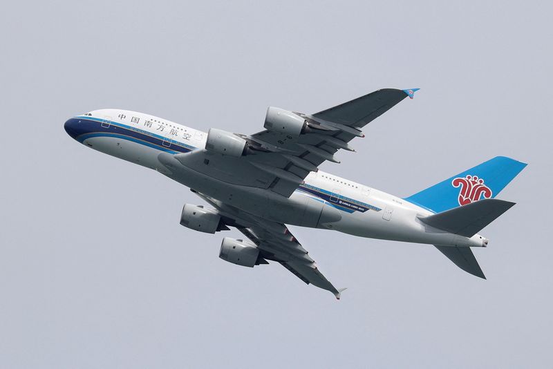 &copy; Reuters. FILE PHOTO: A China Southern Airlines Airbus A380-800 plane takes off from Sydney Airport in Sydney, Australia, October 28, 2020.  REUTERS/Loren Elliott/File Photo