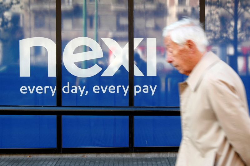 &copy; Reuters. FILE PHOTO: The logo of Italian payments group Nexi is pictured outside their headquarters in Milan, Italy, March 28, 2019. REUTERS/Alessandro Garofalo/File Photo