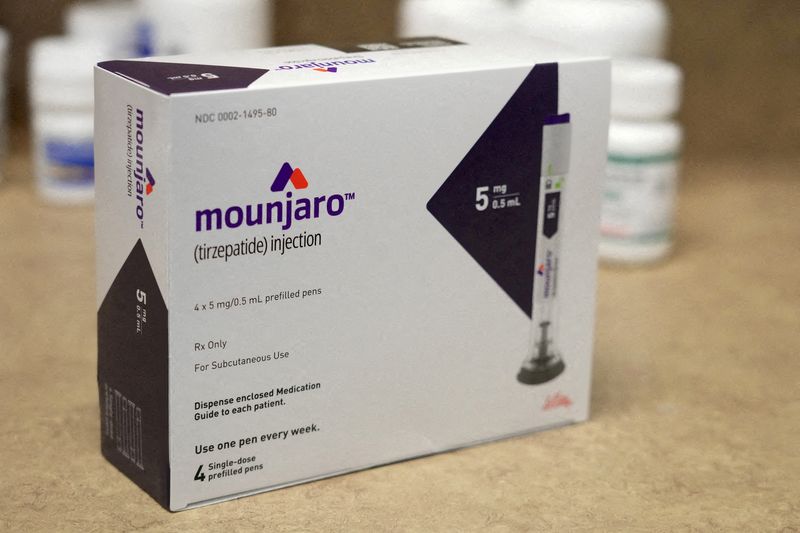 &copy; Reuters. FILE PHOTO: A box of Mounjaro, a tirzepatide injection drug used for treating type 2 diabetes made by Lilly is seen at Rock Canyon Pharmacy in Provo, Utah, U.S. March 29, 2023. REUTERS/George Frey/File Photo