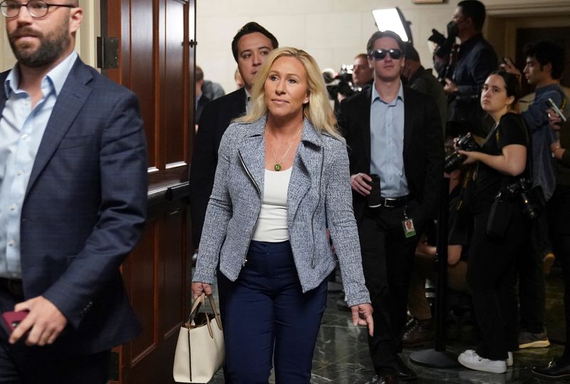 &copy; Reuters. U.S. House Rep. Marjorie Taylor Greene (R-GA) arrives at the Longworth House office building as House Republicans meet behind closed doors to attempt to reach agreement on selecting a nominee for next Speaker of the House on Capitol Hill in Washington, U.