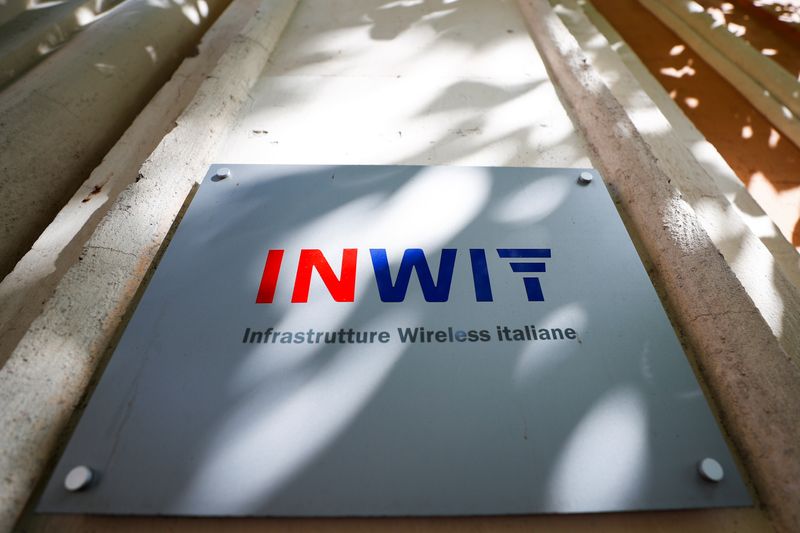 &copy; Reuters. FILE PHOTO: The logo of INWIT is seen outside their offices, in Rome, Italy August 4, 2021. REUTERS/Guglielmo Mangiapane/File Photo