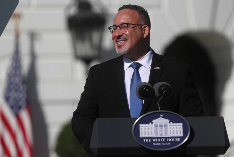 &copy; Reuters. FILE PHOTO: Education Secretary Miguel Cardona delivers remarks to honor the Council of Chief State School Officers' 2020 and 2021 State and National Teachers of the Year at the White House in Washington, U.S., October 18, 2021. REUTERS/Leah Millis/File P