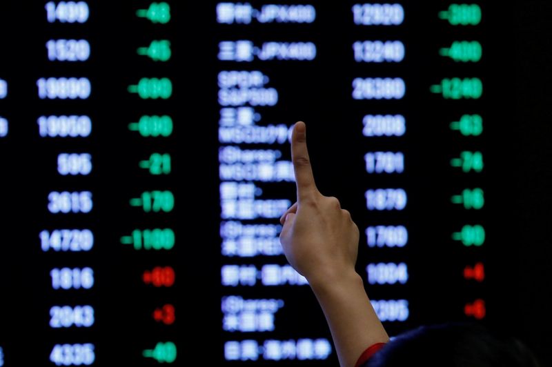 &copy; Reuters. A woman points to an electronic board showing stock prices as she poses in front of the board in Tokyo, Japan, January 4, 2019. REUTERS/Kim Kyung-Hoon/File Photo