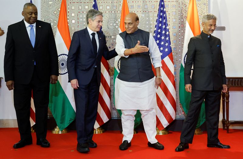 &copy; Reuters. U.S. Secretary of State Antony Blinken, Defense Secretary Lloyd Austin, India's Foreign Minister Subrahmanyam Jaishankar and Defense Minister Rajnath Singh leave after participating in a family photo as part of the so-called "2+2 Dialogue" at the Ministry