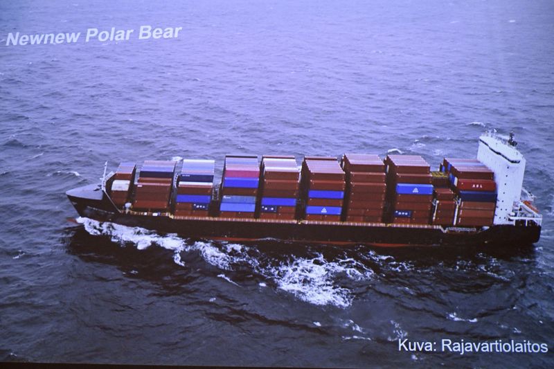 &copy; Reuters. FILE PHOTO: Finnish Border Guard's photo of a Hong Kong registered cargo ship 'Newnew Polar Bear', which was spotted moving close to the Balticconnector gas line, during the joint press conference of the investigation of the possible attack on the Balticc