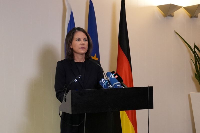 &copy; Reuters. German Foreign Minister Annalena Baerbock's holds a press conference in Tel Aviv, Israel November 11, 2023, in this still image taken from a video. REUTERS/Joseph Campbell